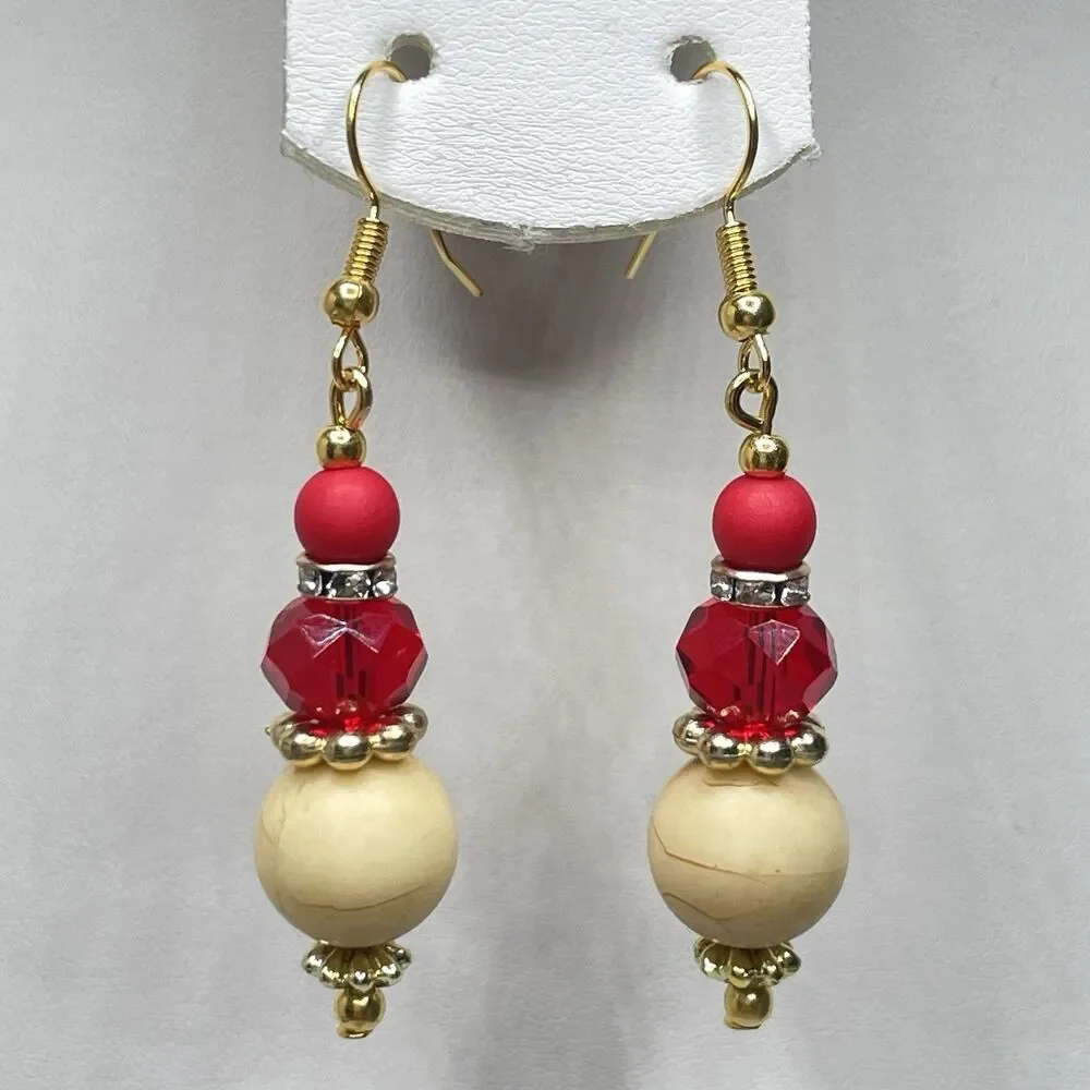 Artisan Red Crystal Glass Wood Beaded Gold Tone Earrings Dangle Boho Unique